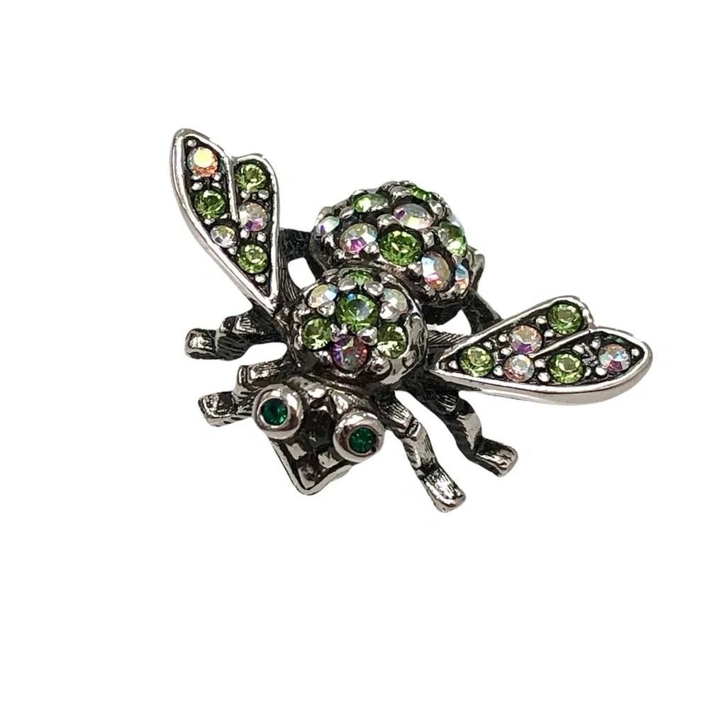 JOAN RIVERS CLEAR AURORA BOREALIS & GREEN CRYSTALS SILVER TONE BUMBLEBEE BROOCH